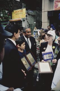 Barbara Barlow with Congressman Charles B. Rangel (NY) receiving the United States Department of Transportation Safe Community Award, 1996