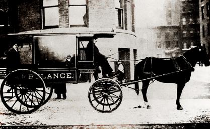 Emily Dunning Barringer riding in the Gouverneur Hospital ambulance, ca. 1902