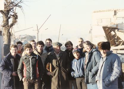 Susan Briggs in Armenia after an earthquake, helping to evacuate children for treatment in the United States, 1989