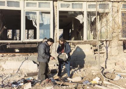 Susan Briggs in Armenia after an earthquake helping to evacuate children, 1989