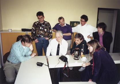 Ruth Dayhoff showing a video tape of the VistA Imaging System to the department of Dr. Wolfgang Giere at the University of Frankfurt.  Dr. Giere was instrumental in the development of medical record systems in Germany, and strongly encouraged Ruth in her 