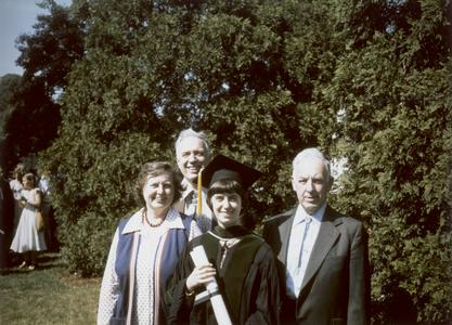 Ruth Dayhoff with her parents Dr. Margaret Oakley Dayhoff and Dr. Edward Dayhoff, and her grandfather Kenneth Oakley at her graduation from Georgetown Medical School, 1977