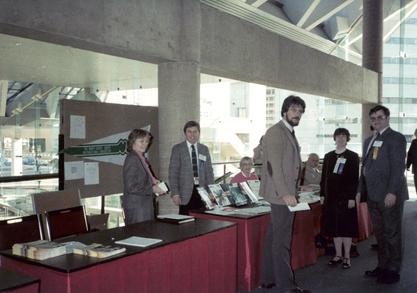 Ruth Dayhoff, pregnant with her first child, at the 1983 Symposium on Computer Applications in Medical Care.  She served as program chair for this meeting.  Peter Kuzmak, coworker at the VA on VistA Imaging System (second from left), Ruth Dayhoff (second 