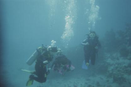 Ruth Dayhoff diving with her daughters Margaret (right) and Eleanor (left), 1999