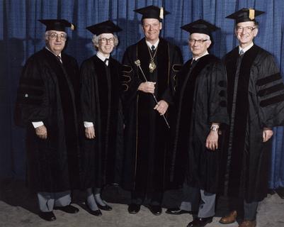 Jane Desforges, (second from left) with Mario R. Garcia-Palmieri, Richard J. Ritemeier, Philip K. Bondy, and Stefan S. Fajans at the 65th annual session of the American College of Physicians, 1984