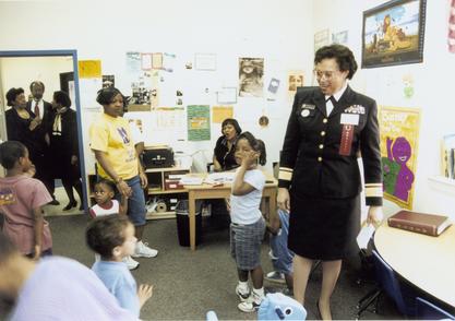 Acting Surgeon General Audrey Forbes Manley in daycare center, ca. 1996