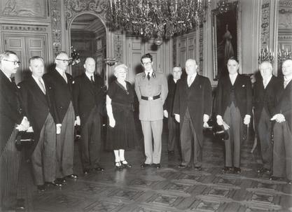 Louise Pearce receiving honors from the King of Belgium for her work on sleeping sickness, 1953